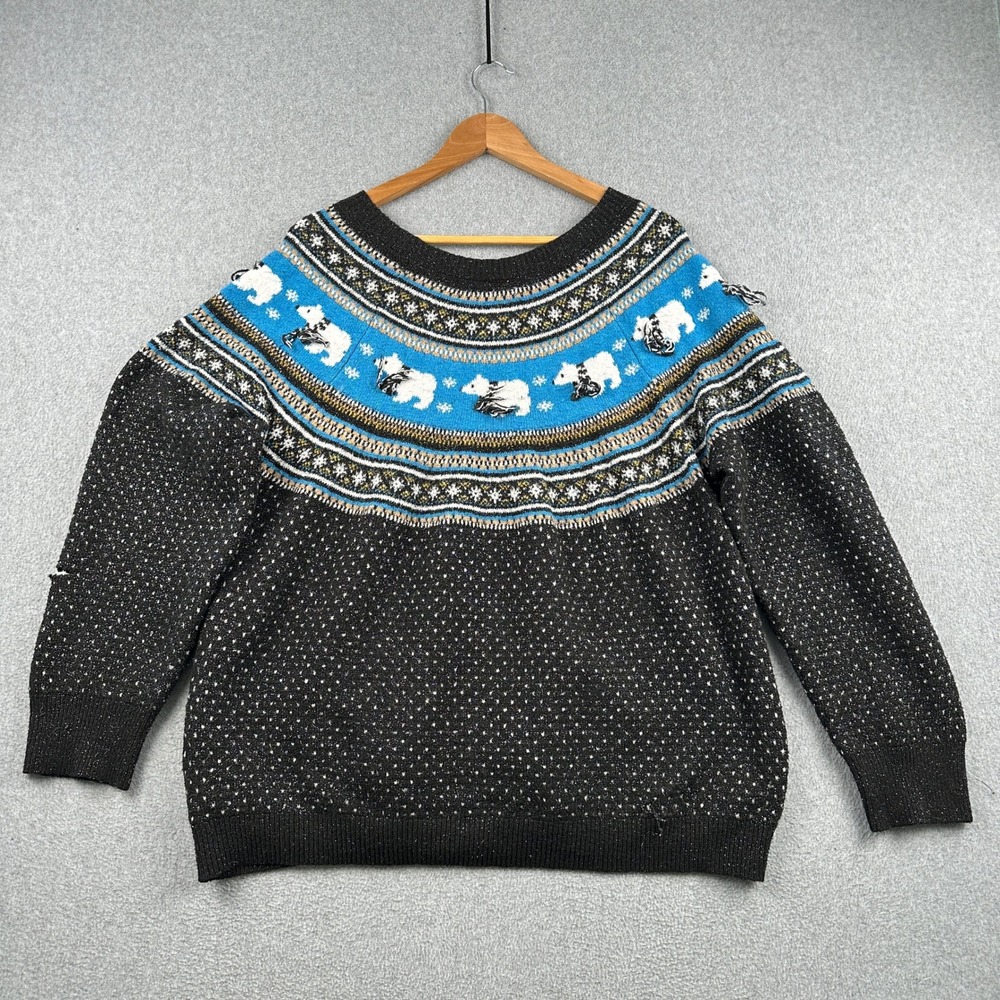 Holiday Time Sweater Womens 2X Black Polar Bear Fair Isle Metallic Knit Pullover